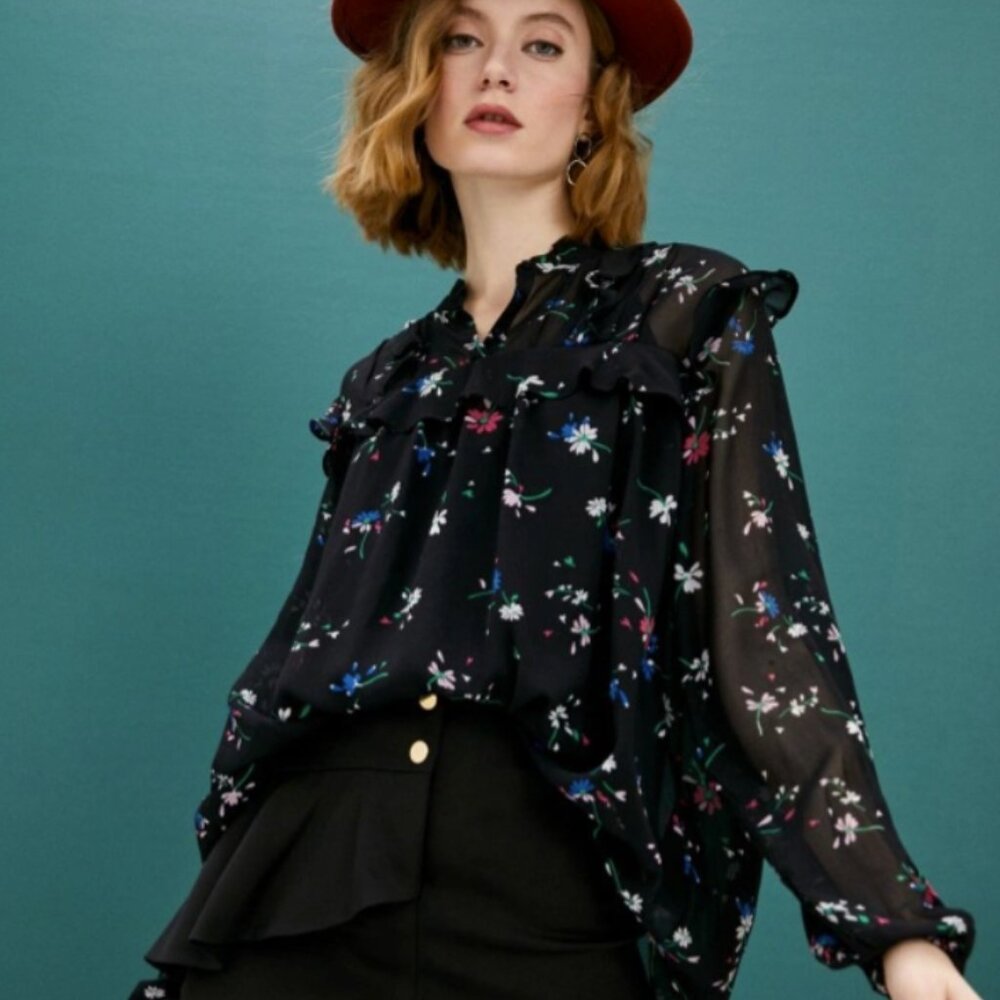 Maje Letra floral blouse in black sheer oversized designer size 1 = small